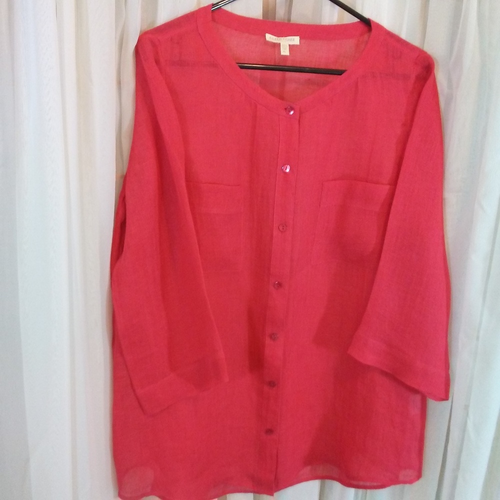 Eileen Fisher Orange 100% Linen Button Down Top